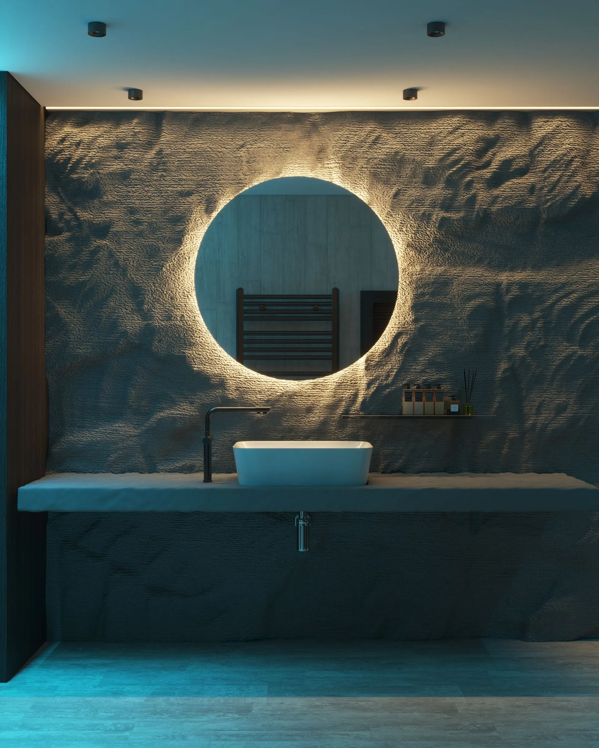 Bathroom modern, circular mirror with LED backlight, blue LED accent lighting, above counter sink - very modern - Pexels