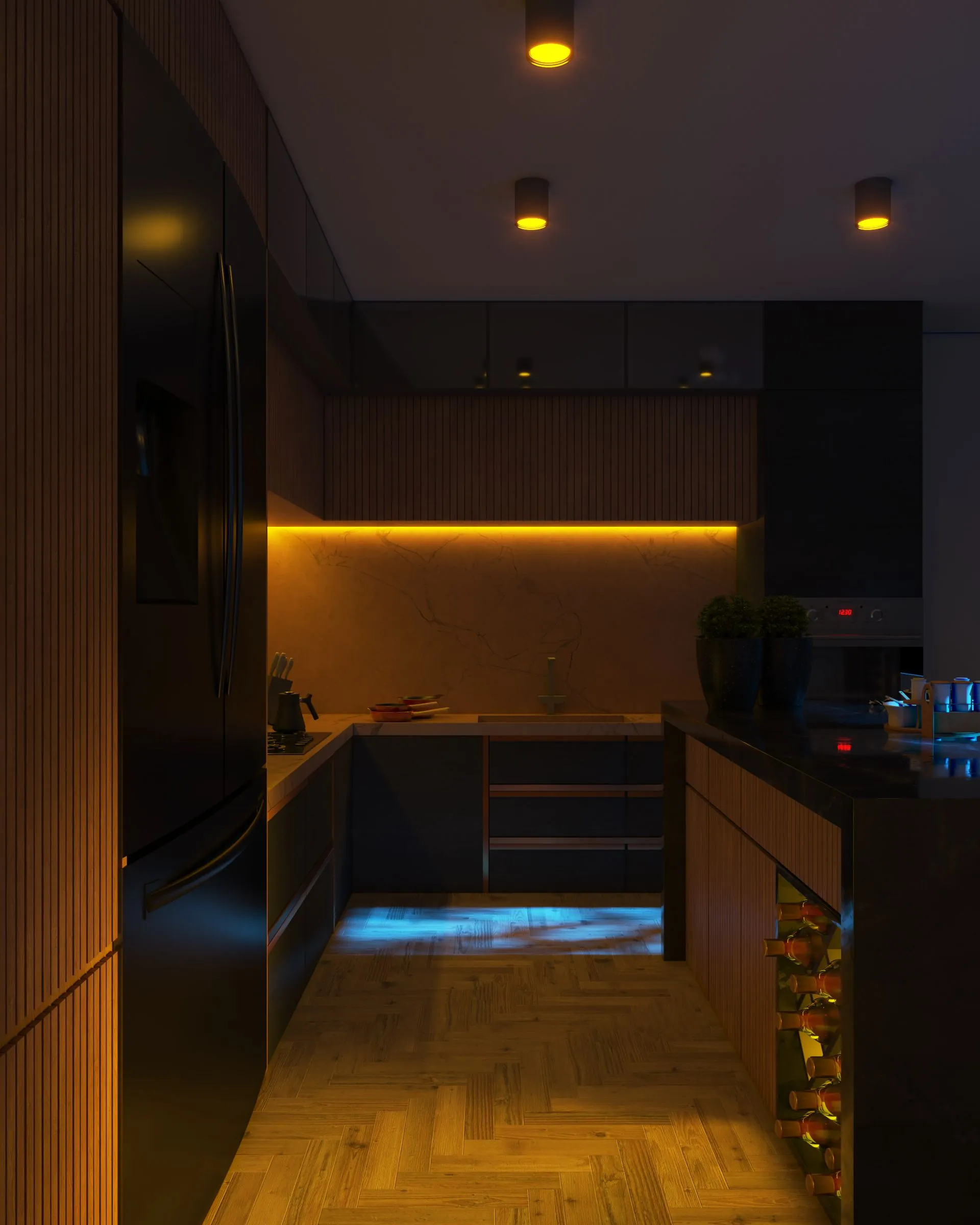 Soft glowing LED lights in kitchen at night, yellow dark with blue - Pexels
